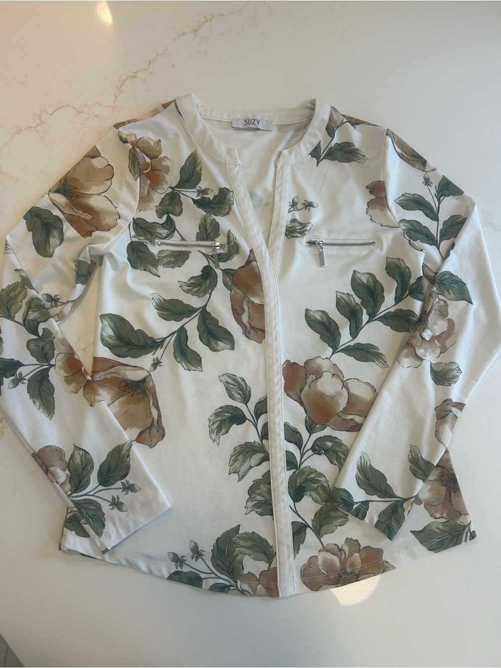 Floral Zip-Front Jacket in Cream and Green